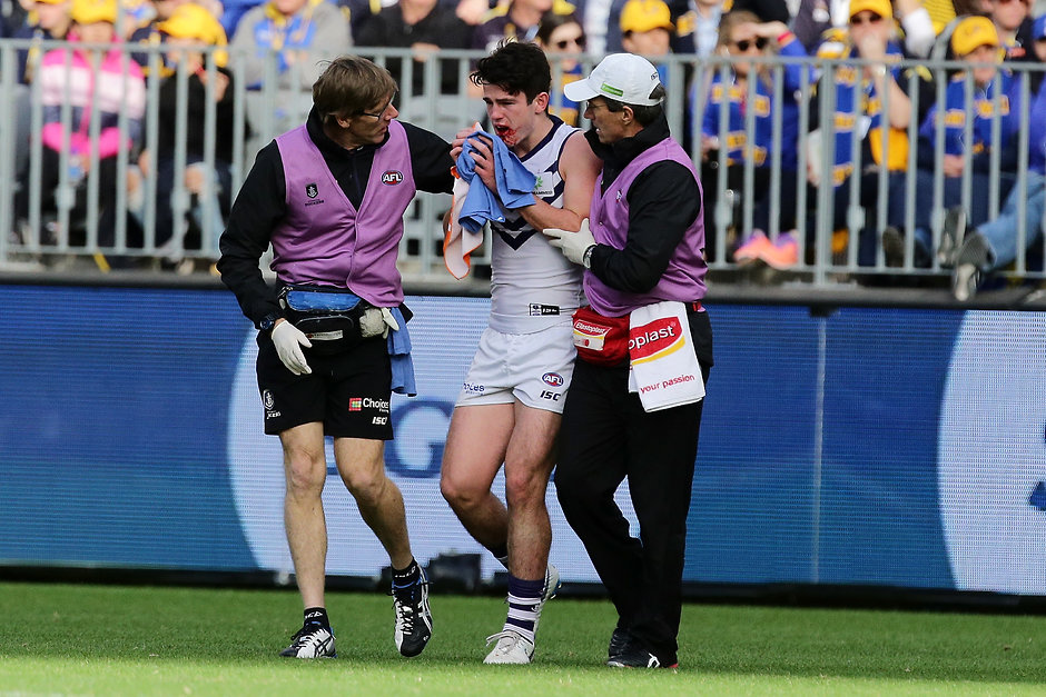 AFL 2018 Round 20 - West Coast v Fremantle Andrew Brayshaw was left bloodied and with a broken jaw after being struck by Andrew Gaff - AFL,AFL Exchange,Podcast,Angus Brayshaw,Andrew Brayshaw,Fremantle Dockers,Melbourne Demons