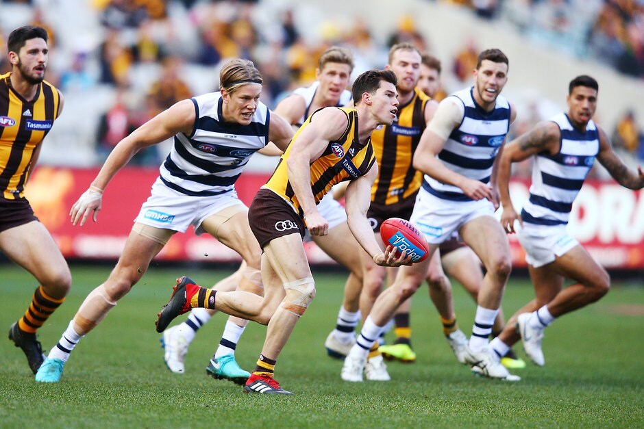AFL 2018 Round 21 - Hawthorn v Geelong Geelong ruckman Rhys Stanley left the field early with a calf strain - Geelong Cats