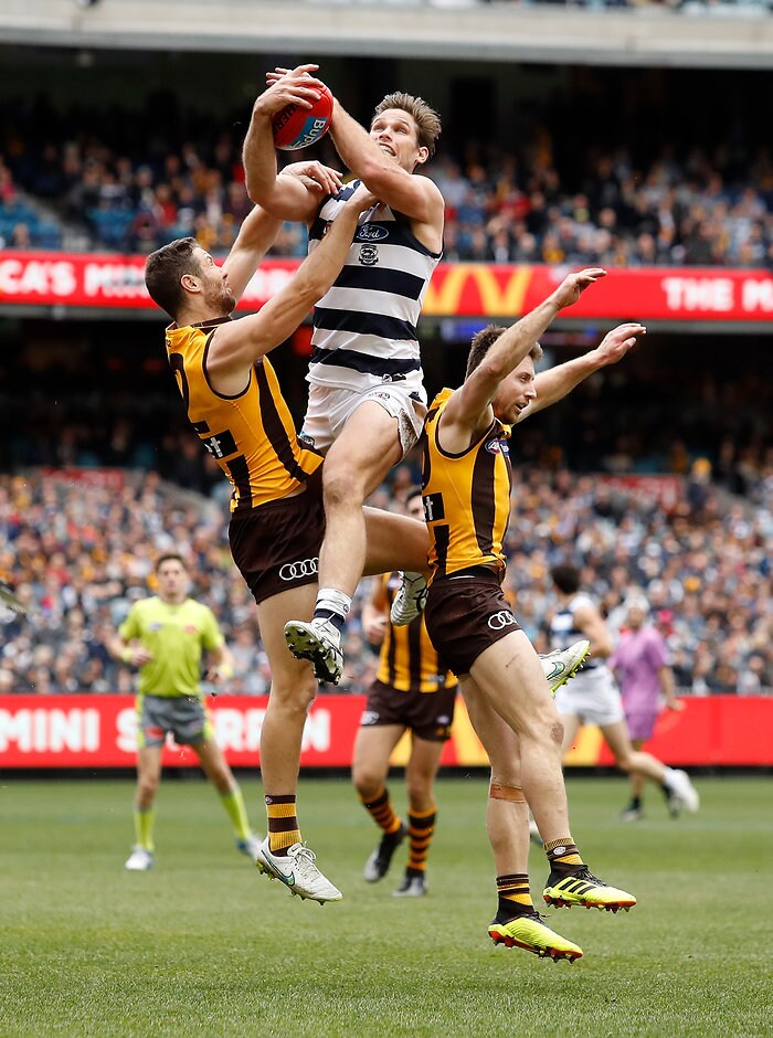 AFL 2018 Round 21 - Hawthorn v Geelong Tom Hawkins takes a strong pack mark - Geelong Cats