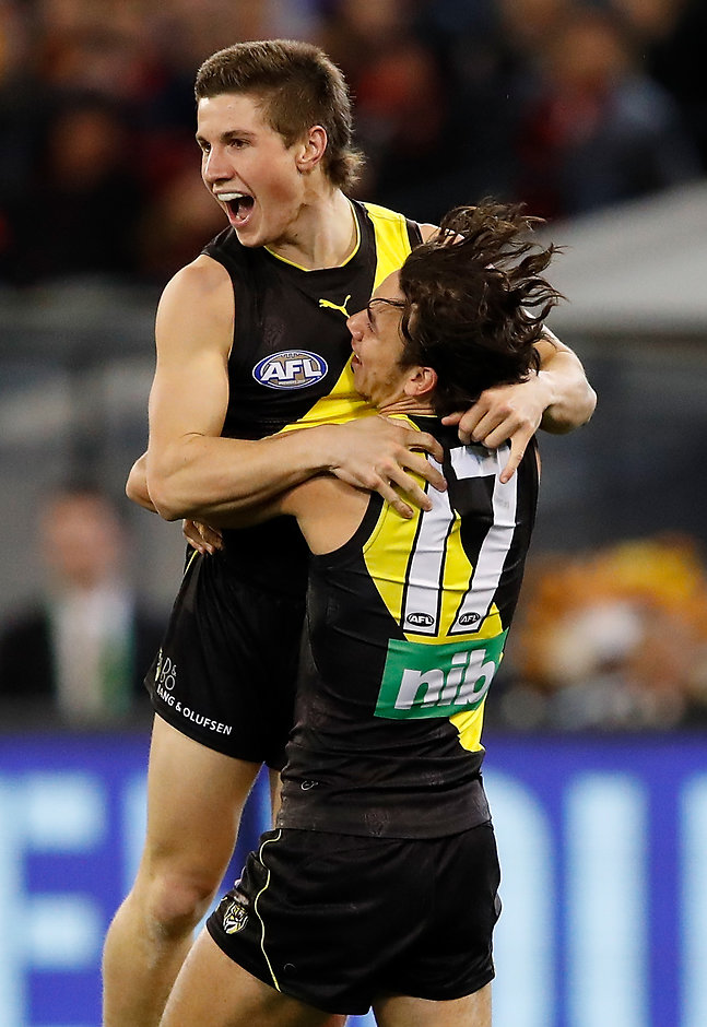 AFL 2018 Round 22 - Richmond v Essendon Liam Baker celebrates his first goal at AFL level - AFL,Richmond Tigers,Essendon Bombers