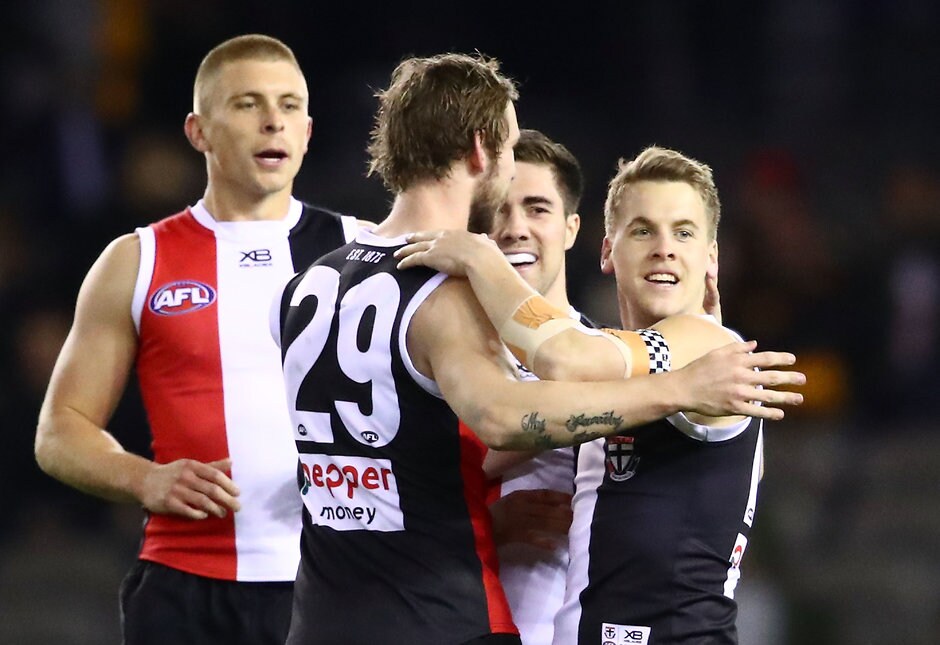 AFL 2018 Round 22 - St Kilda v Hawthorn MELBOURNE, AUSTRALIA - AUGUST 18: Jack Lonie of the Saints celebrates after kicking a goal during the 2018 AFL round 22 match between the St Kilda Saints and the Hawthorn Hawks at Etihad Stadium on August 18, 2018 in Melbourne, Australia. (Photo by Scott Barbour/AFL Media)