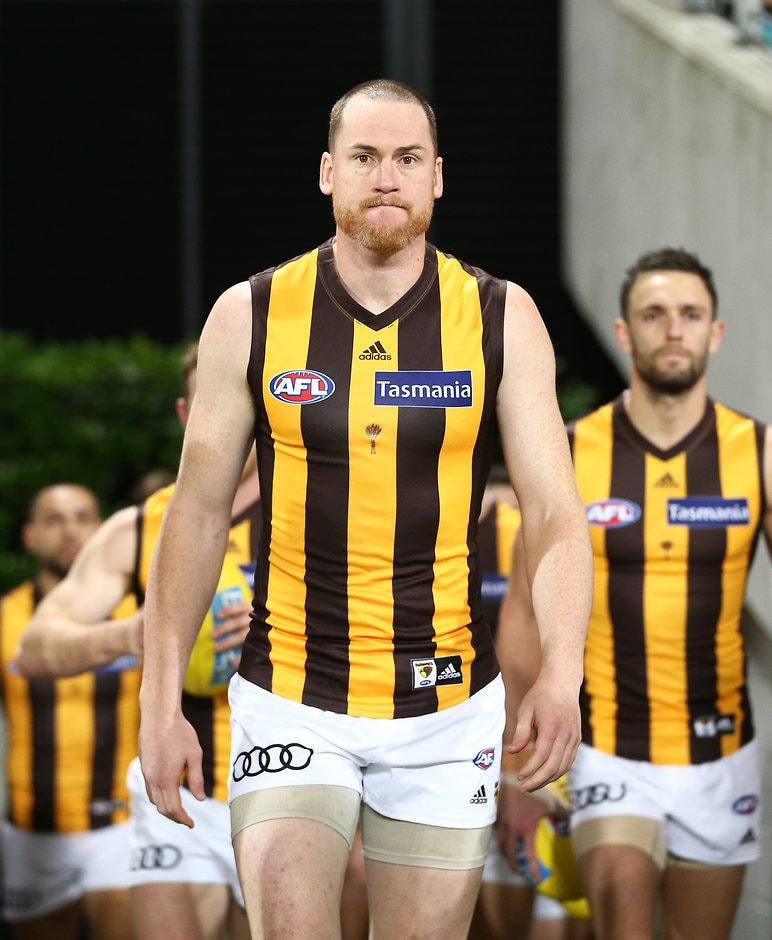 AFL 2018 Round 23 - Sydney v Hawthorn SYDNEY, AUSTRALIA - AUGUST 25: Captain Jarryd Roughead of the Hawks leads the Hawks through the race during the 2018 AFL round 23 match between the Sydney Swans and the Hawthorn Hawks at the Sydney Cricket Ground on August 25, 2018 in Sydney, Australia. (Photo by Matt King/AFL Media)