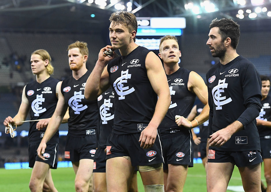 AFL 2018 Round 23 - Carlton v Adelaide Blues trudge off the field after their disastrous finish to 2018 - AFL,Carlton Blues