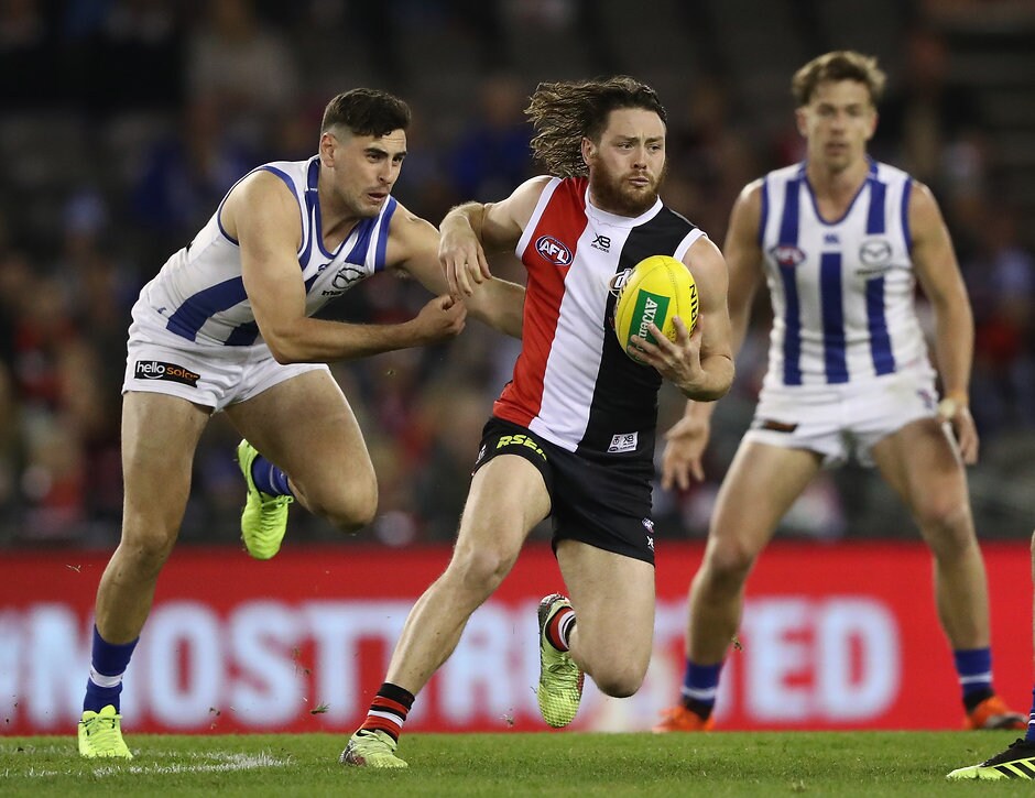 AFL 2018 Round 23 - St Kilda v North Melbourne St Kilda midfielder Jack Steven in action - AFL,Jack Steven,St Kilda Saints,Geelong Cats