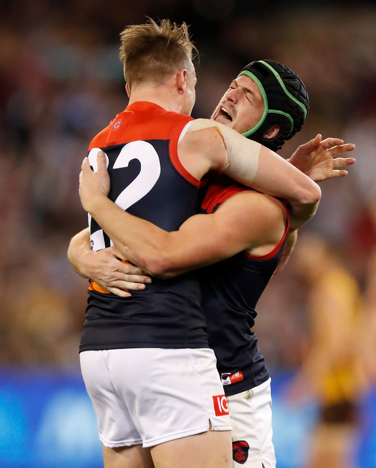 AFL 2018 First Semi Final - Hawthorn v Melbourne Aaron vandenBerg and Angus Brayshaw celebrate on Friday night - AFL,Hawthorn Hawks,Melbourne Demons