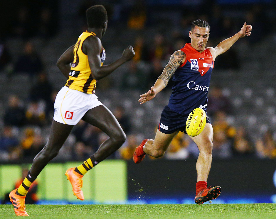 VFL 2018 Grand Final - Box Hill v Casey MELBOURNE, AUSTRALIA - SEPTEMBER 23: Mykelti Lefau of the Casey Demons kicks the ball during the VFL Grand Final match between Casey and Box Hill at Etihad Stadium on September 23, 2018 in Melbourne, Australia. (Photo by Michael Dodge/AFL Media)
