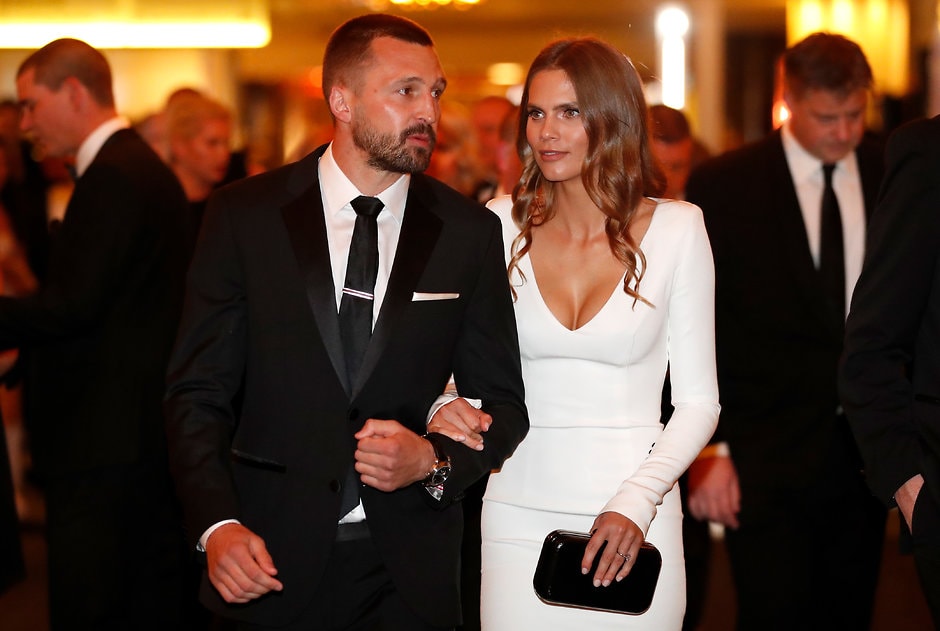 AFL 2018 Media - Brownlow Medal MELBOURNE, AUSTRALIA - SEPTEMBER 24: Jarryn Geary of the Saints and partner Emma Giles look on during the 2018 Brownlow Medal Count at Crown Palladium on September 24, 2018 in Melbourne, Australia. (Photo by Michael Willson/AFL Media)