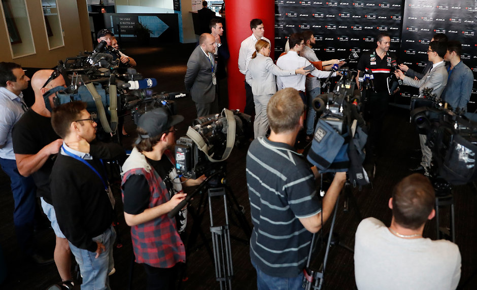 AFL 2018 Media - NAB Trade Period 081018 MELBOURNE, AUSTRALIA - OCTOBER 08: Simon Lethlean, Football Manager of the Saints speaks with media during the NAB Trade Period at Marvel Stadium on October 8, 2018 in Melbourne, Australia. (Photo by Michael Willson/AFL Media)