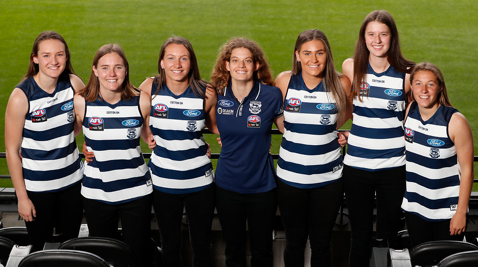 AFL 2018 Media - NAB AFLW Draft Geelong's 2018 AFW draftees (L to R): Georgia Clark, Denby Taylor, Sophie van De Heuvel, Nina Morrison, Becky Webster, Rene Caris and Olivia Purcell. - Geelong Cats