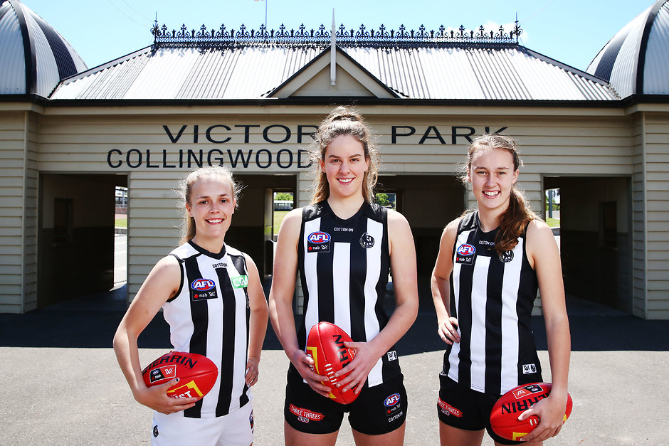 AFL 2018 Media - 2019 NAB AFLW Fixture Announcement MELBOURNE, AUSTRALIA - OCTOBER 26: Collingwood AFLW players Holly Whitford (L) Katie Lynch and Jordy Allen (R) pose during the 2019 NAB AFLW Fixture Announcement on October 26, 2018 in Melbourne, Australia. (Photo by Michael Dodge/AFL Media)