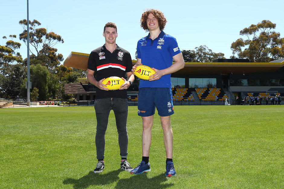 AFL 2018 Media - 2019 JLT Community Series Fixture Announcement Blake Acres of the St Kilda Saints (R) and Ben Brown of North Melbourne at the 2019 JLT Community Series Fixture Announcement - St Kilda Saints,JLT Series