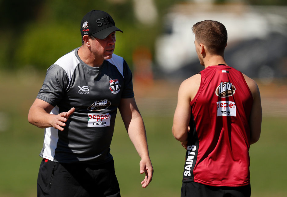 AFL 2018 Training - St Kilda 081118 MELBOURNE, AUSTRALIA - NOVEMBER 8: Brett Ratten, Assistant Coach of the Saints speaks with Jack Lonie during the St Kilda Saints training session at RSEA Park on November 8, 2018 in Melbourne, Australia. (Photo by Michael Willson/AFL Media)