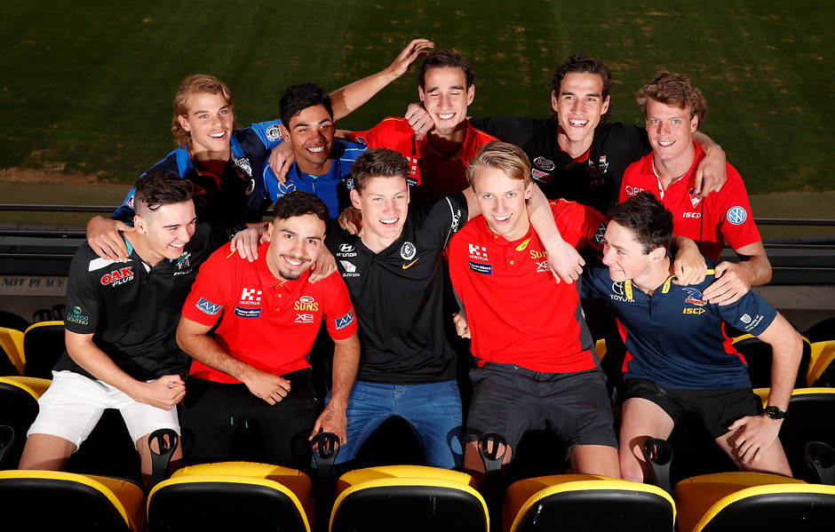 AFL 2018 Media - AFL Draft Media Opportunity 231118 MELBOURNE, AUSTRALIA - NOVEMBER 23: The top 10 draft picks (back row L-R) Bailey Smith of the Western Bulldogs, Tarryn Thomas of the Kangaroos, Ben King of the Suns, Max King of the Saints, Nick Blakey of the Swans (front row L-R) Connor Rozee of the Power, Izak Rankine of the Suns, Sam Walsh of the Blues, Jack Lukosius of the Suns and Chayce Jones of the Crows pose for a photo during an AFL Draft media opportunity at Marvel Stadium on November 23, 2018 in Melbourne, Australia. (Photo by Michael Willson/AFL Media)