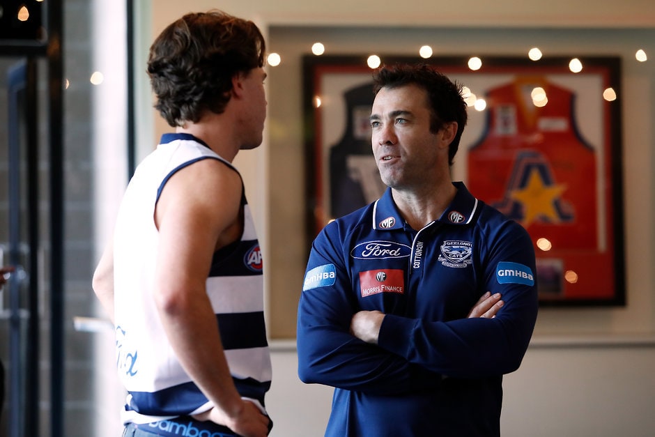 AFL 2018 Media - NAB AFL Draft Oscar Brownless and Chris Scott chat at the National Draft at Marvel Stadium - Geelong Cats,Chris Scott