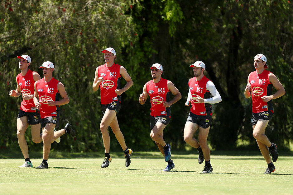 AFL 2018 Training - Gold Coast 261118 GOLD COAST, AUSTRALIA - NOVEMBER 26: New signings run during a Gold Coast Suns AFL training session on November 26, 2018 in Gold Coast, Australia. (Photo by Chris Hyde/Getty Images/AFL Media)