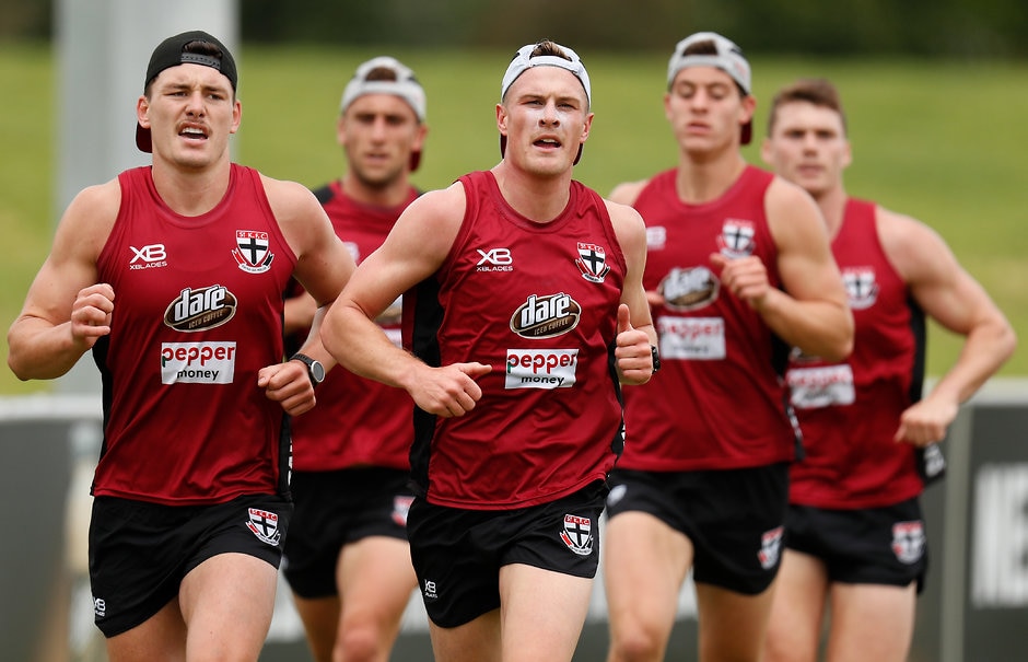 AFL 2018 Training - St Kilda 291118 MELBOURNE, AUSTRALIA - NOVEMBER 29: Jack Newnes of the Saints (right) and Josh Battle of the Saints in action during the St Kilda Saints training session at RSEA Park on November 29, 2018 in Melbourne, Australia. (Photo by Michael Willson/AFL Media)