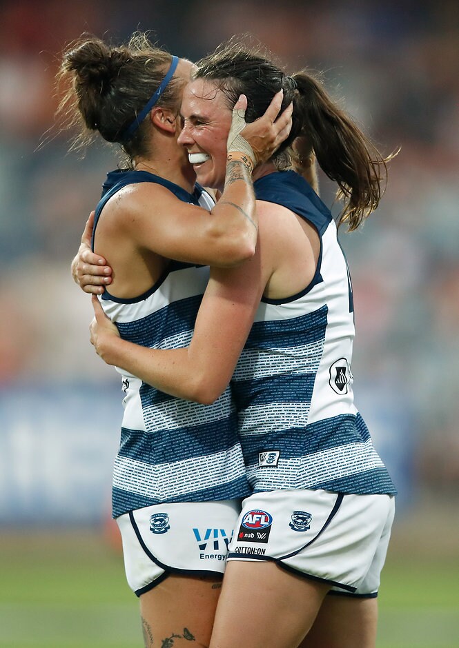 AFLW 2019 Rd 01 - Geelong v Collingwood Mia-Rae Clifford and Cassie Blakeway celebrate on the siren - Geelong Cats