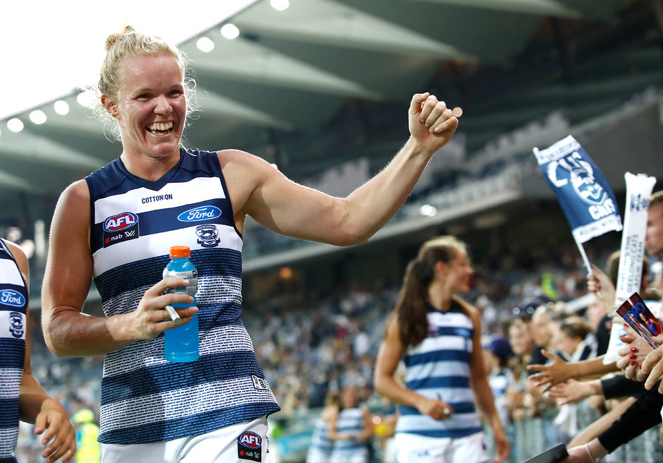 AFLW 2019 Rd 01 - Geelong v Collingwood Kate Darby celebrates a win in round one with fans. - Geelong Cats