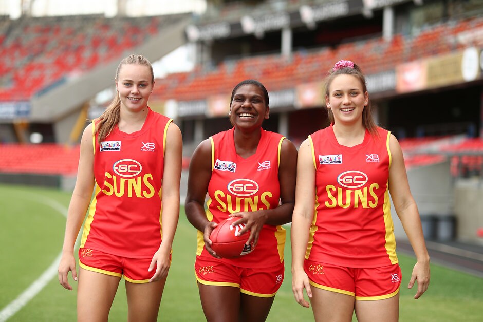 AFLW 2019 Media - Gold Coast Suns Media Opportunity GOLD COAST, AUSTRALIA - FEBRUARY 08: (L-R) Charlotte Hammans, Kitara Whap-Farrar and Ellie Hampson pose during a Gold Coast Suns AFLW Media Opportunity on February 08, 2019 in Gold Coast, Australia. (Photo by Chris Hyde/Getty Images/AFL Media)