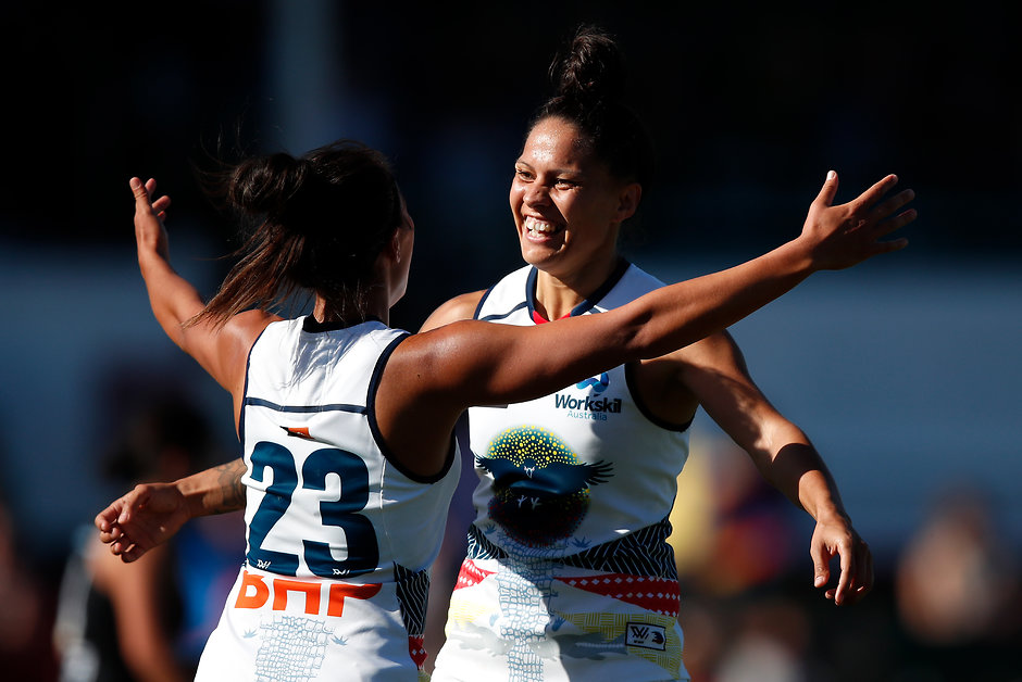 AFLW 2019 Rd 02 - Carlton v Adelaide MELBOURNE, AUSTRALIA - FEBRUARY 10: Stevie-Lee Thompson of the Crows (right) celebrates a goal with Justine Mules of the Crows during the 2019 NAB AFLW Round 02 match between the Carlton Blues and the Adelaide Crows at Ikon Park on February 10, 2019 in Melbourne, Australia. (Photo by Adam Trafford/AFL Media)