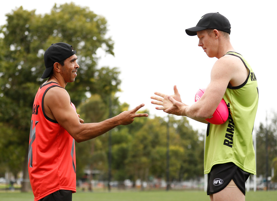 AFL 2019 Training - AFLX 210219 Eddie Betts and Jack Riewoldt work on their 'rock, paper, scissors' strategy - AFL,AFLX