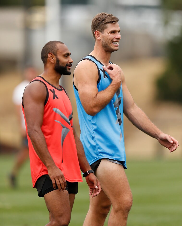 AFL 2019 Training - AFLX 210219 Former Premiership teammates Travis Varcoe and Tom Hawkins. - Geelong Cats,Patrick Dangerfield