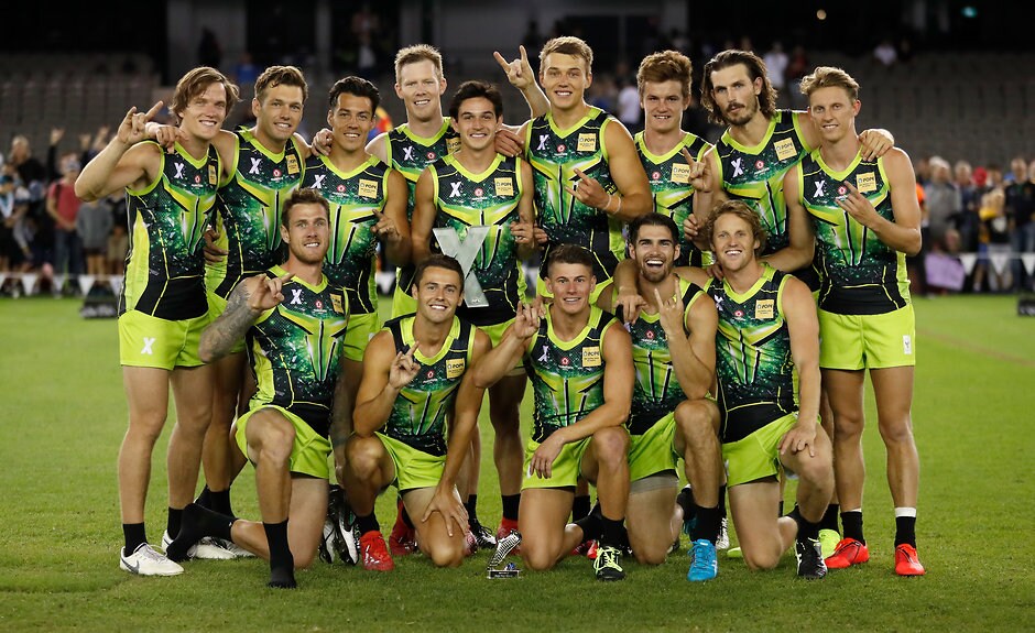 AFL 2019 Media - AFLX Tournament MELBOURNE, AUSTRALIA - FEBRUARY 22: Team Rampage celebrates after winning the AFLX Grand Final match between Team Flyers and Team Rampage at Marvel Stadium on February 22, 2019 in Melbourne, Australia. (Photo by Michael Willson/AFL Media)