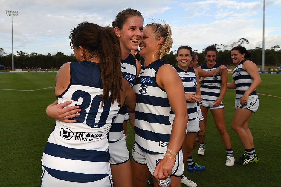 AFLW 2019 Round 05 - Brisbane v Geelong Rene Caris celebrates a win on debut with teammates Rocky Cranston and Jordan Ivey. - Geelong Cats,Rene Caris,Jordan Ivey,Cassie Blakeway,Danielle Orr,Hannah Burchell