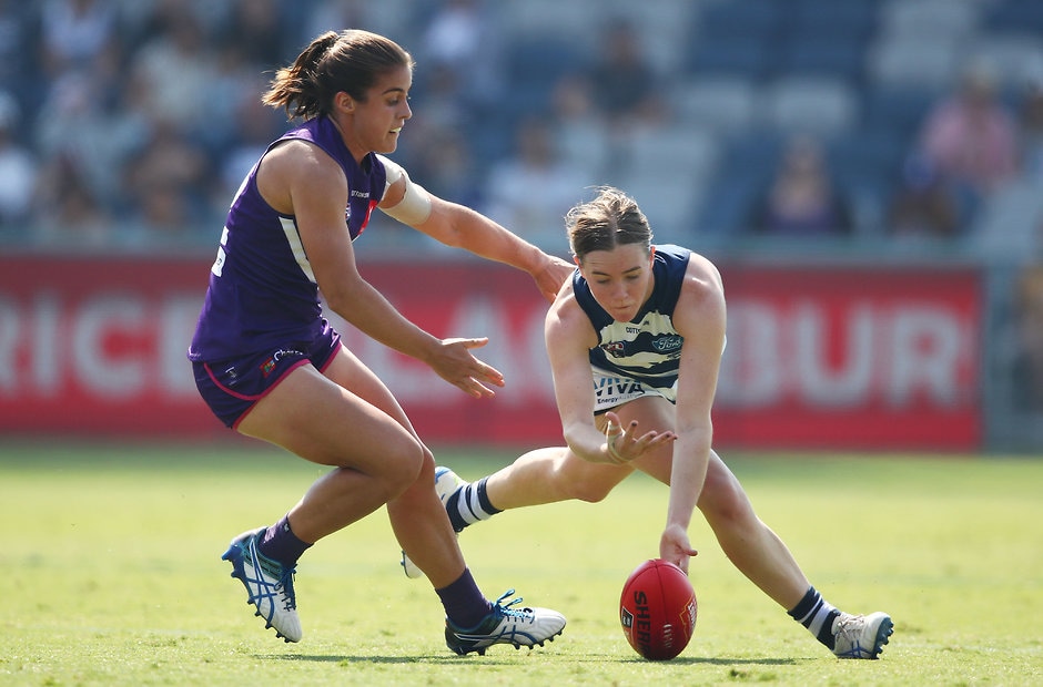 AFLW 2019 Round 06 - Geelong v Fremantle Denby Taylor in action against Fremantle. - Geelong Cats,Denby Taylor,Georgie Rankin