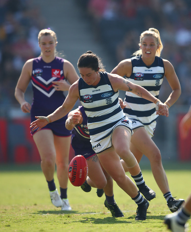 AFLW 2019 Round 06 - Geelong v Fremantle GEELONG, AUSTRALIA - MARCH 09: Julia Crockett-Grills of the Cats runs with the ball during the round six AFL match between the Geelong Cats and the Fremantle Dockers at GMHBA Stadium on March 09, 2019 in Geelong, Australia. (Photo by Scott Barbour/Getty Images)