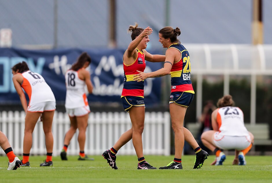 AFLW 2019 Round 06 - Adelaide v GWS ADELAIDE, AUSTRALIA - MARCH 10: Ebony Marinoff and Chelsea Randall of the Crows celebrate victory after the 2019 NAB AFLW Round 06 match between the Adelaide Crows and the GWS Giants at Unley Oval on March 10, 2019 in Adelaide, Australia. (Photo by AFL Media)