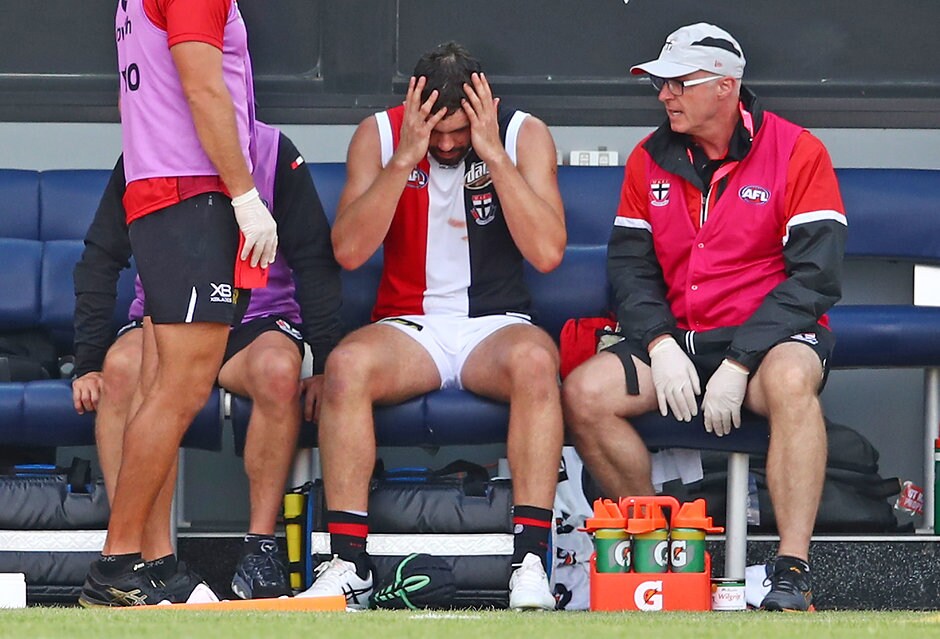 AFL 2019 JLT Community Series - Western Bulldogs v St Kilda Paddy McCartin after he suffered a head knock against the Bulldogs - AFL,St Kilda Saints,Paddy McCartin,Injuries