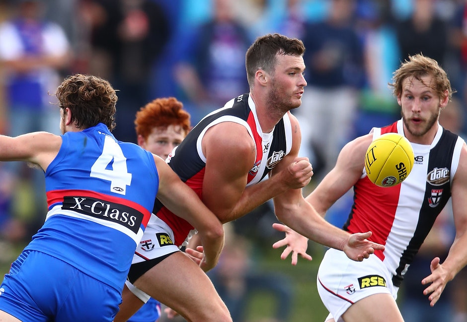 AFL 2019 JLT Community Series - Western Bulldogs v St Kilda Defender Dylan Roberton is awaiting test results that could shed light on his immediate playing future. - St Kilda Saints,Dylan Roberton