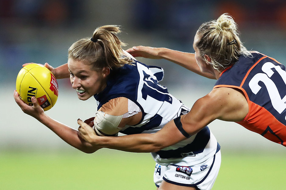 AFLW 2019 Round 7 - GWS v Geelong Olivia Purcell never stopped trying the for Cats, finishing with a team-high 19 disposals. - Geelong Cats