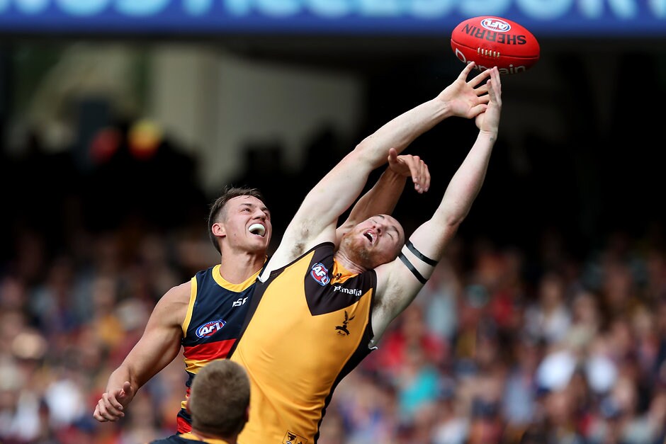 AFL 2019 Round 01 - Adelaide v Hawthorn ADELAIDE, AUSTRALIA - MARCH 23: Tom Doedee of the Crows competes with Jarryd Roughead of the Hawks during the 2019 AFL round 01 match between the Adelaide Crows and the Hawthorn Hawks at Adelaide Oval on March 23, 2019 in Adelaide, Australia. (Photo by James Elsby/AFL Photos)