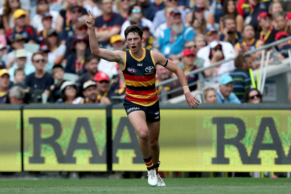 AFL 2019 Round 01 - Adelaide v Hawthorn ADELAIDE, AUSTRALIA - MARCH 23: Chayce Jones of the Crows celebrates his first goal goal during the 2019 AFL round 01 match between the Adelaide Crows and the Hawthorn Hawks at Adelaide Oval on March 23, 2019 in Adelaide, Australia. (Photo by James Elsby/AFL Photos)