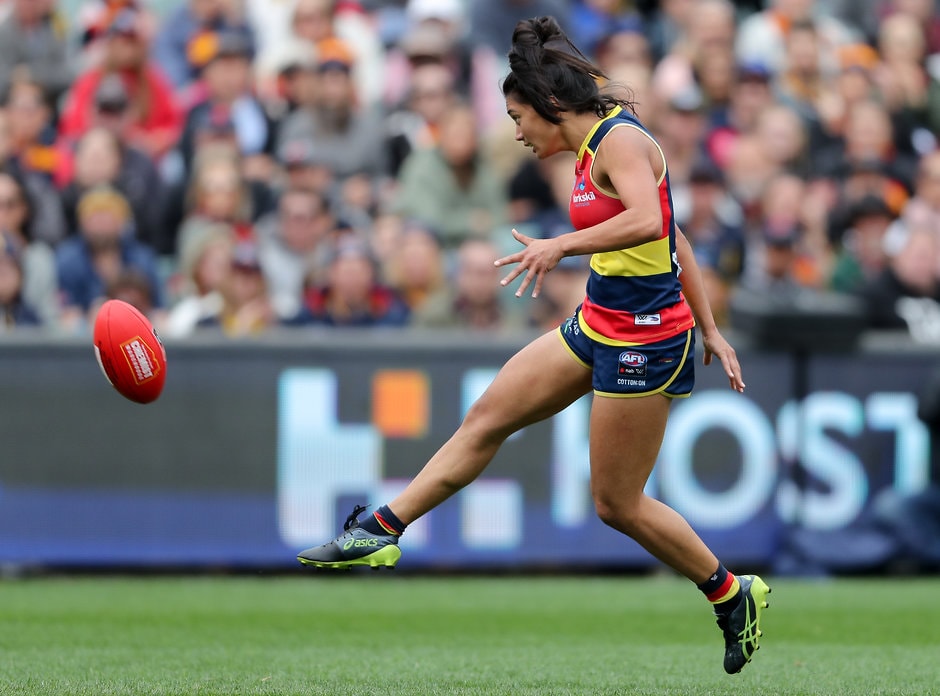 AFLW 2019 Grand Final - Adelaide v Carlton ADELAIDE, AUSTRALIA - MARCH 31: Hannah Martin of the Crows breaks away to kick a goal during the 2019 AFLW Grand Final match between the Adelaide Crows and the Carlton Blues at Adelaide Oval on March 31, 2019 in Melbourne, Australia. (Photo by AFL Photos)