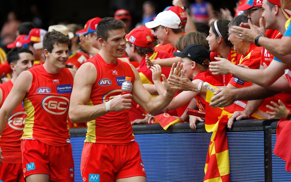 AFL 2019 Round 03 - Western Bulldogs v Gold Coast MELBOURNE, AUSTRALIA - APRIL 07: Sam Collins of the Suns celebrates during the 2019 AFL round 03 match between the Western Bulldogs and the Gold Coast Suns at Marvel Stadium on April 07, 2019 in Melbourne, Australia. (Photo by Michael Willson/AFL Photos)