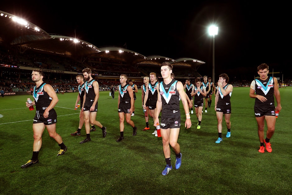 AFL 2019 Round 04 - Port Adelaide v Richmond ADELAIDE, AUSTRALIA - APRIL 13: The Power after their loss during the 2019 AFL round 04 match between the Port Adelaide Power and the Richmond Tigers at Adelaide Oval on April 13, 2019 in Adelaide, Australia. (Photo by James Elsby/AFL Photos)