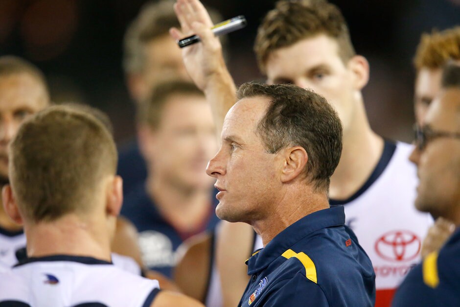 AFL 2019 Round 04 - North Melbourne v Adelaide MELBOURNE, AUSTRALIA - APRIL 13:A Adelaide Crows senior coach Don Pyke speaks to his players during the 2019 AFL round 04 match between the North Melbourne Kangaroos and the Adelaide Crows at Marvel Stadium on April 13, 2019 in Melbourne, Australia. (Photo by Darrian Traynor/AFL Photos)