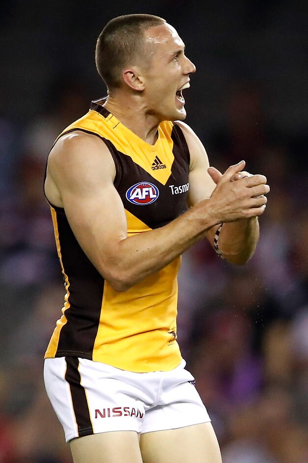 AFL 2019 Round 04 - St Kilda v Hawthorn MELBOURNE, AUSTRALIA - APRIL 14: Tom Scully of the Hawks celebrates a goal during the 2019 AFL round 04 match between the St Kilda Saints and the Hawthorn Hawks at Marvel Stadium on April 14, 2019 in Melbourne, Australia. (Photo by Dylan Burns/AFL Photos)