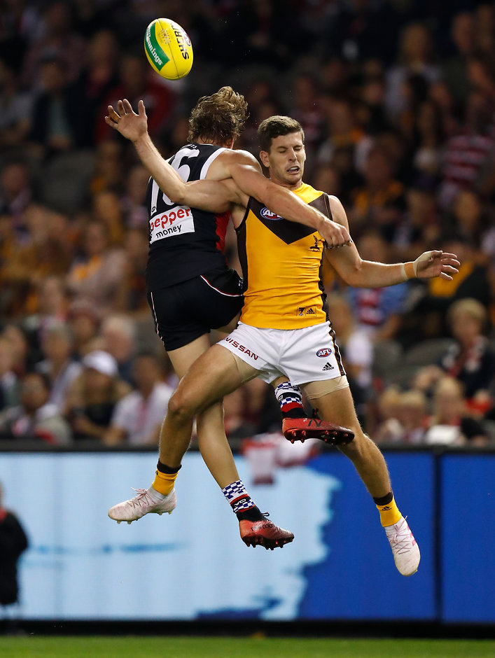 AFL 2019 Round 04 - St Kilda v Hawthorn MELBOURNE, AUSTRALIA - APRIL 14: Jack Newnes of the Saints and Luke Breust of the Hawks compete for the ball during the 2019 AFL round 04 match between the St Kilda Saints and the Hawthorn Hawks at Marvel Stadium on April 14, 2019 in Melbourne, Australia. (Photo by Michael Willson/AFL Photos)