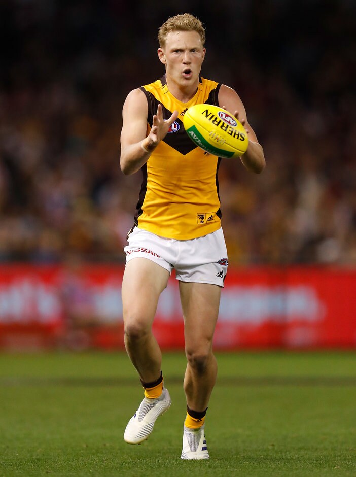 AFL 2019 Round 04 - St Kilda v Hawthorn MELBOURNE, AUSTRALIA - APRIL 14: James Sicily of the Hawks in action during the 2019 AFL round 04 match between the St Kilda Saints and the Hawthorn Hawks at Marvel Stadium on April 14, 2019 in Melbourne, Australia. (Photo by Michael Willson/AFL Photos)