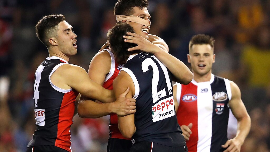AFL 2019 Round 04 - St Kilda v Hawthorn St Kilda celebrates its hard-fought five-point win at Marvel Stadium. - St Kilda,St Kilda Saints,Hawthorn,Hawthorn Hawks,Marvel Stadium