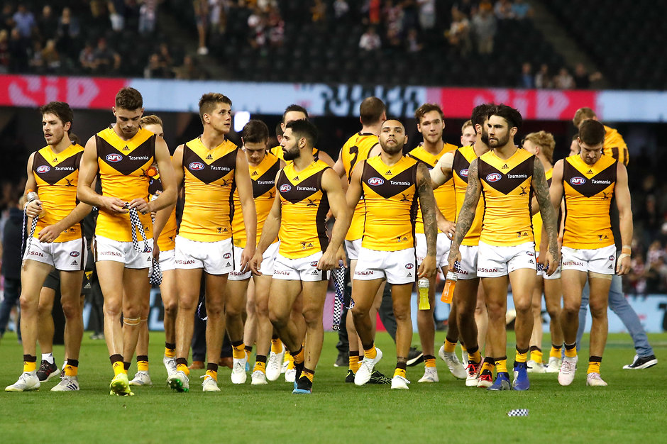 AFL 2019 Round 04 - St Kilda v Hawthorn The Hawks trudge off the ground after being overrun by the Saints last week - AFL,Hawthorn Hawks,Alastair Clarkson
