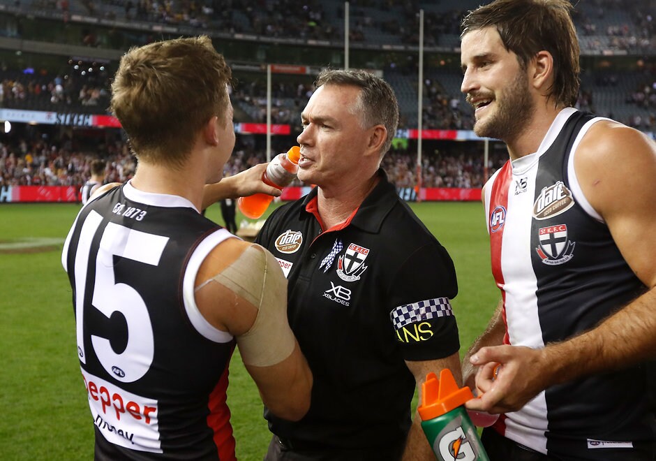 AFL 2019 Round 04 - St Kilda v Hawthorn Alan Richardson celebrates win over Hawthorn at Marvel Stadium - St Kilda Saints,Alan Richardson,Hawthorn Hawks,Marvel Stadium