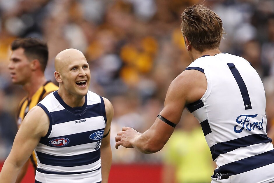 AFL 2019 Round 05 - Hawthorn v Geelong Gary Ablett and Rhys Stanley celebrate a goal against the Hawks. - Geelong Cats,Rhys Stanley,Gary Ablett