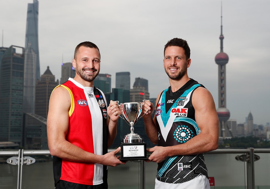 AFL 2019 Media - Shanghai Match Official Press Conference SHANGHAI, CHINA - MAY 30: Jarryn Geary of the Saints and Travis Boak of the Power pose for a photograph during the 2019 Port Adelaide and St Kilda Shanghai Match Official Press Conference at Bunyan Tree on the Bund on May 30, 2019 in Shanghai, China. (Photo by Michael Willson/AFL Photos)