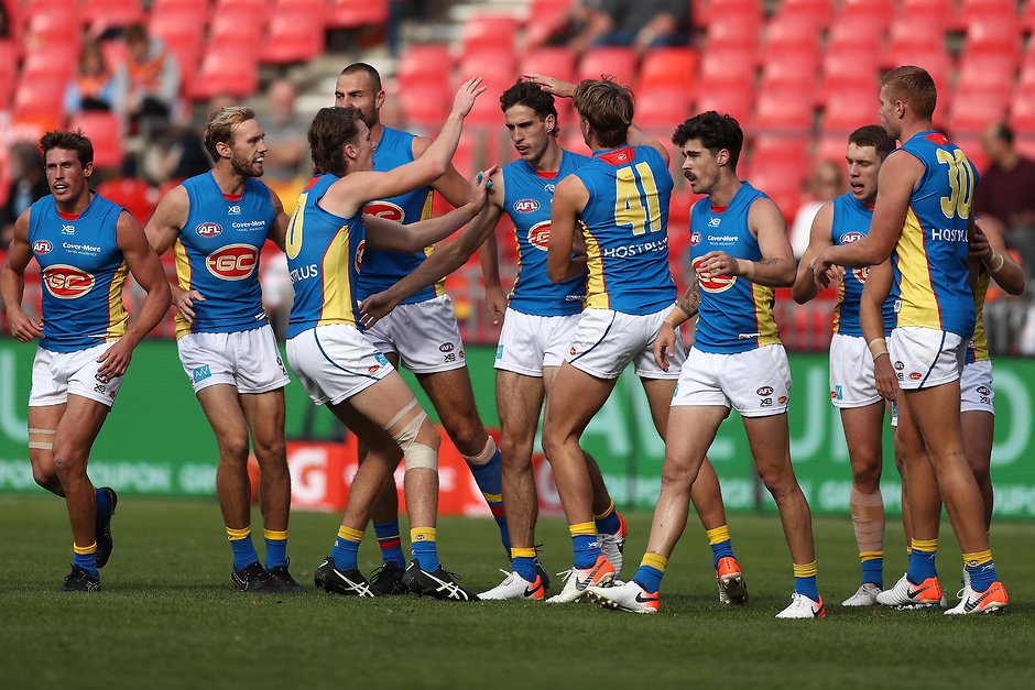 AFL 2019 Round 11 - GWS v Gold Coast SYDNEY, AUSTRALIA - JUNE 01: Ben King of the Suns celebrates kicking a goal during the round 11 AFL match between the Greater Western Sydney Giants and the Gold Coast Suns at GIANTS Stadium on June 01, 2019 in Sydney, Australia. (Photo by Mark Metcalfe/Getty Images)