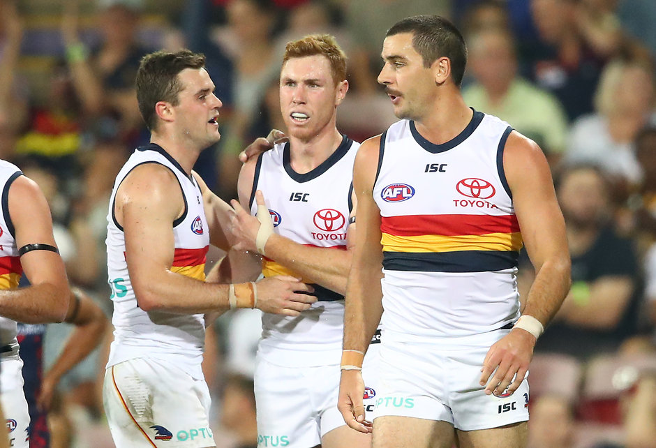 AFL 2019 Round 11 - Melbourne v Adelaide DARWIN, AUSTRALIA - JUNE 01: Tom Lynch of the Crows is congratulated by Taylor Walker of the Crows after kicking a goal during the round 11 AFL match between the Melbourne Demons and the Adelaide Crows at TIO Stadium on June 01, 2019 in Darwin, Australia. (Photo by Scott Barbour/Getty Images)
